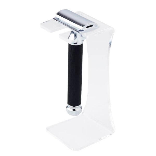 Pearl stand for safety razor in clear acrylic